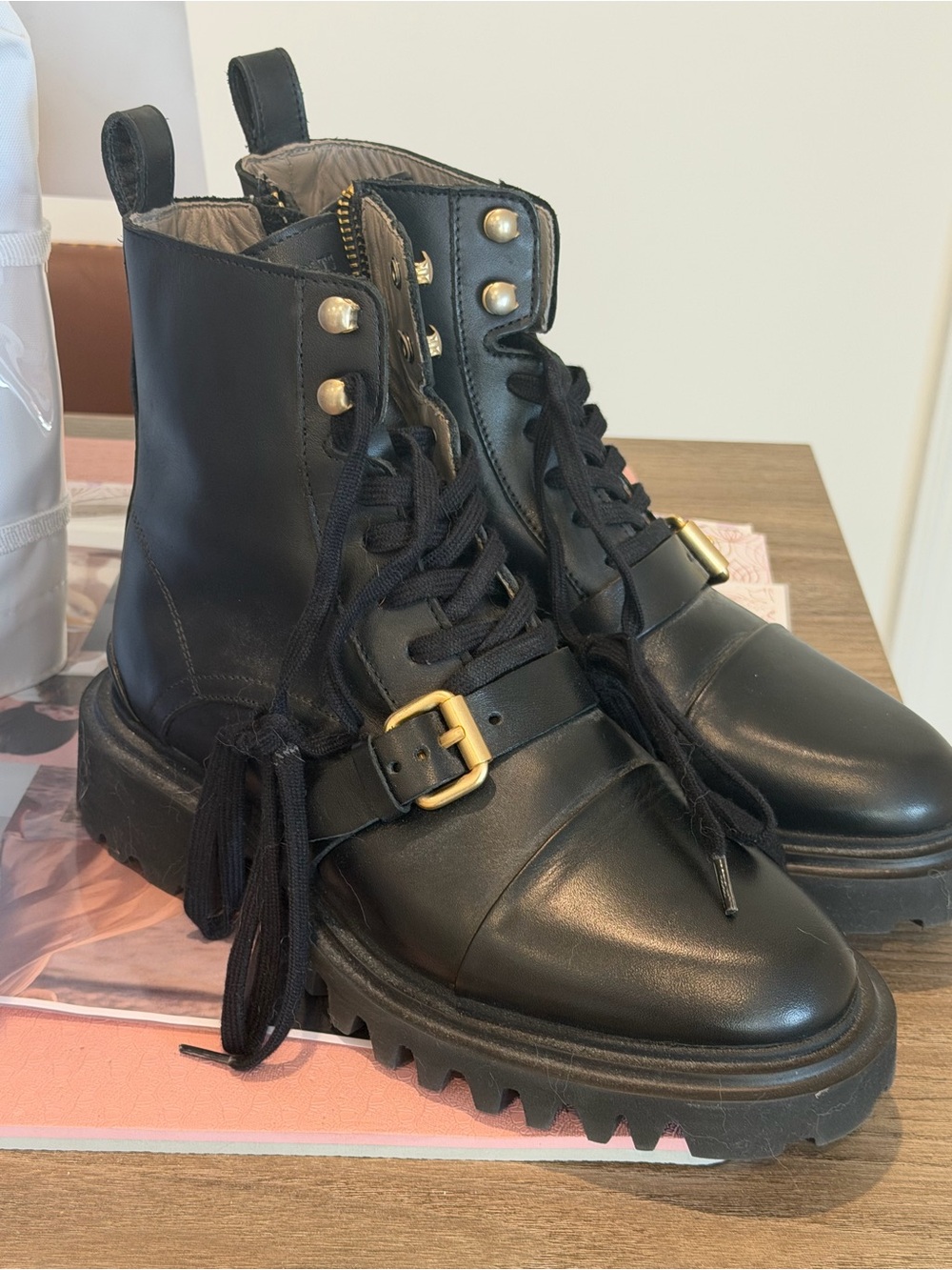 AllSaints Black Leather Combat Boots with Gold Buckles